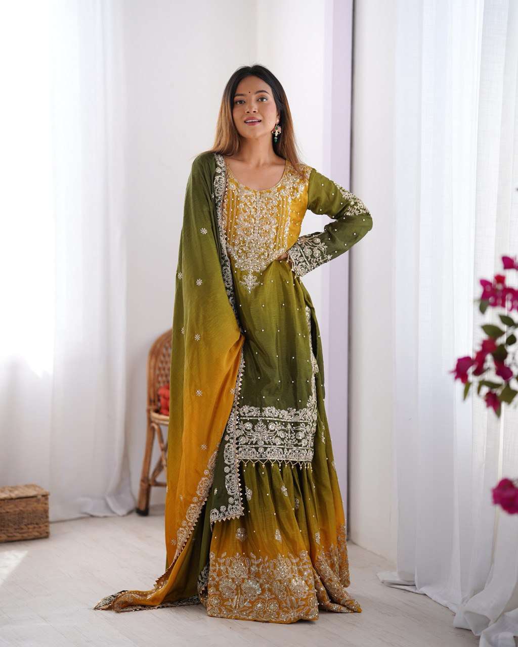 Women's Chinon Silk Sequence With Rivet Moti Work Straight Kurta With Sharara and Dupatta Set - Image 20