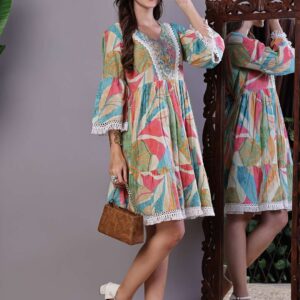 Wome's Multicolor Printed Cotton A-Line Dress with Embroidered Yoke Midi Dresses